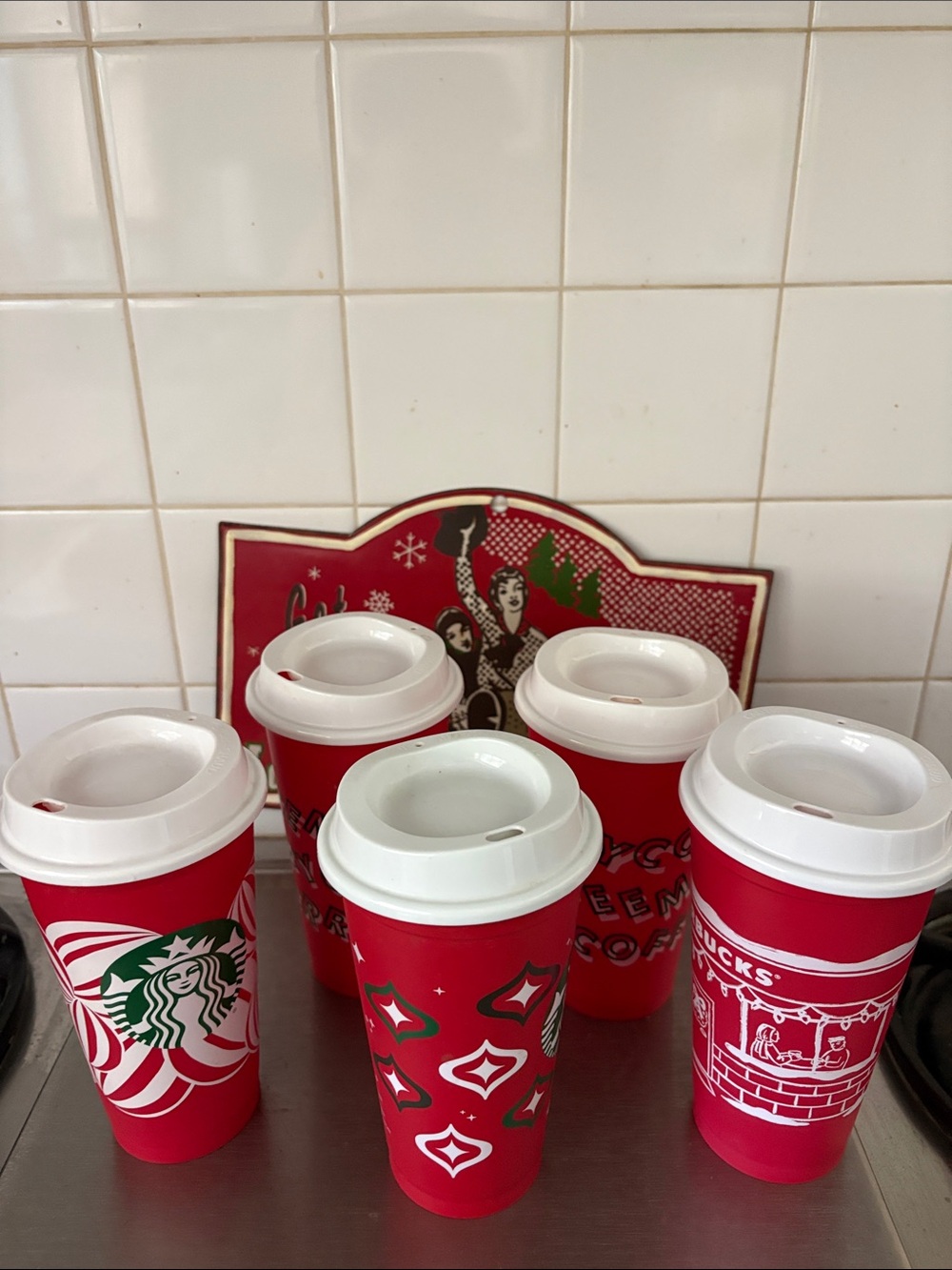 Starbucks Red Holiday Reusable Cups with White Lids - Set of 5